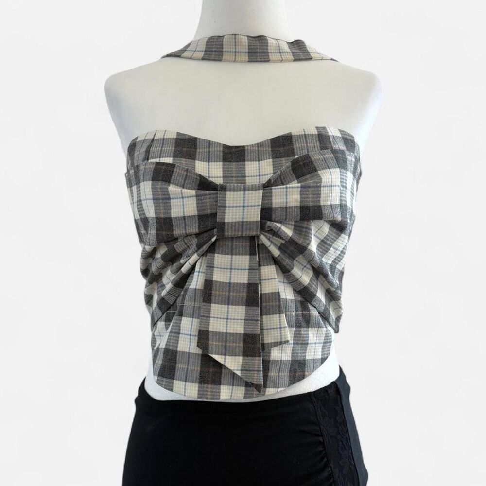 Y2K Gyaru Inspired Strapless Plaid Corset Bow Top